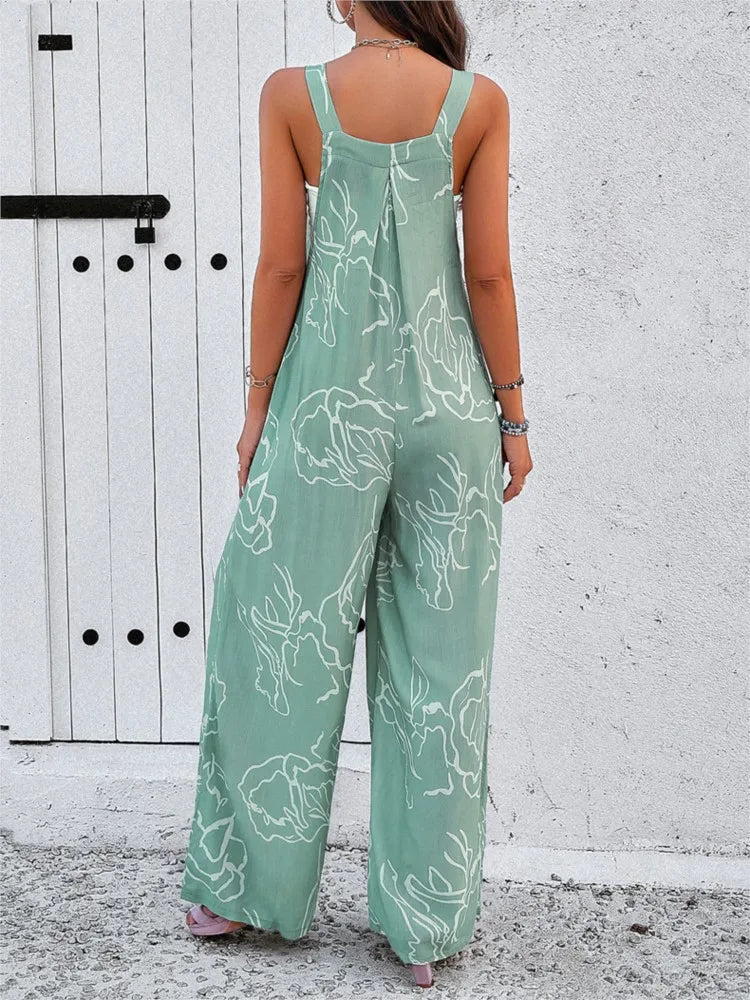 Women's Clothing Spring Summer New Fashion Button Sexy Sleeveless Suspender Temperament Printed Casual Belt Pocket Jumpsuit