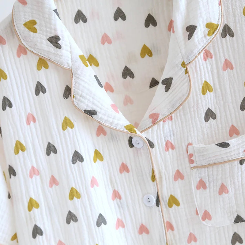 Small Love Heart Printed Cotton Pajamas for Women Three Piece Set Spring and Summer Short Sleeved Shorts Homewear Long Pants Set