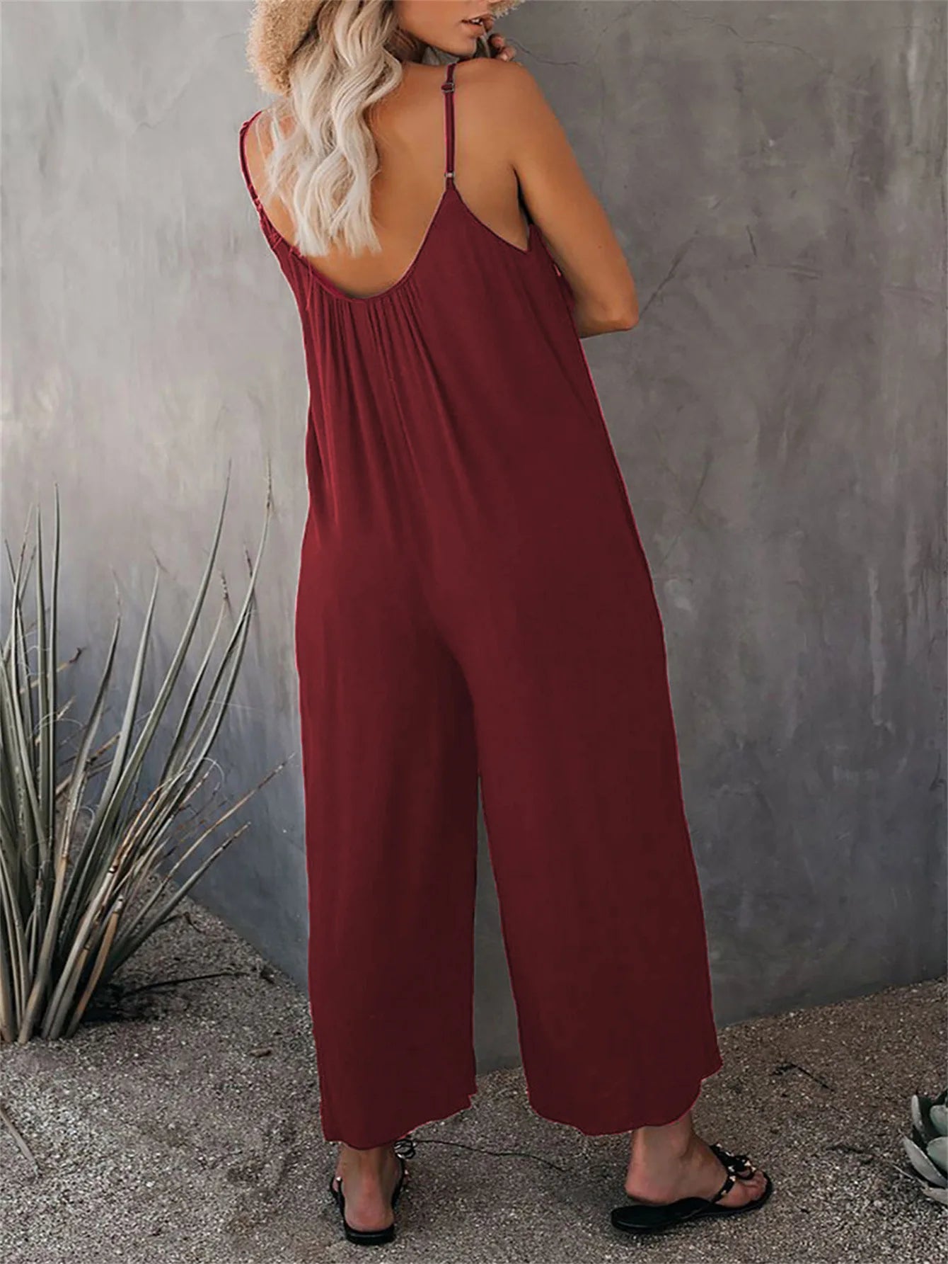 European and American Suspender Women's 2023 Summer New Foreign Trade Tolid Color Pocket Casual Jumpsuit