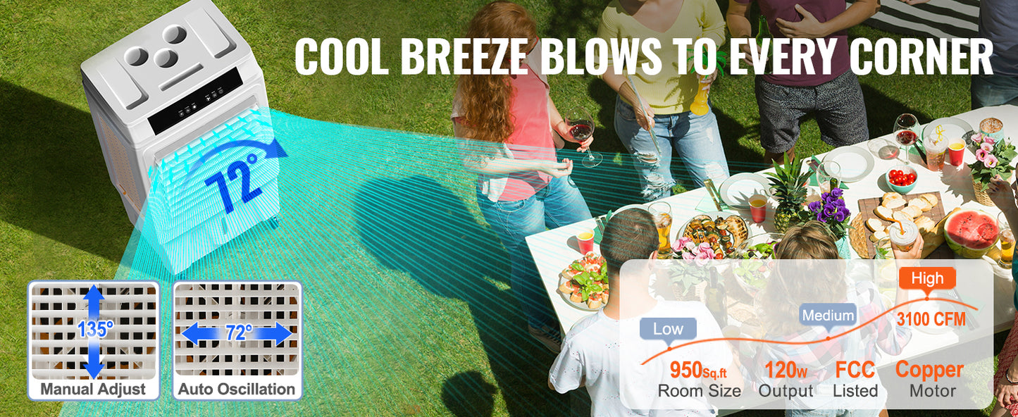 SucceBuy Evaporative Air Cooler Oscillating Swamp Cooler with Adjustable 3 Speeds and 12 H Timer Portable for Indoor Outdoor Use