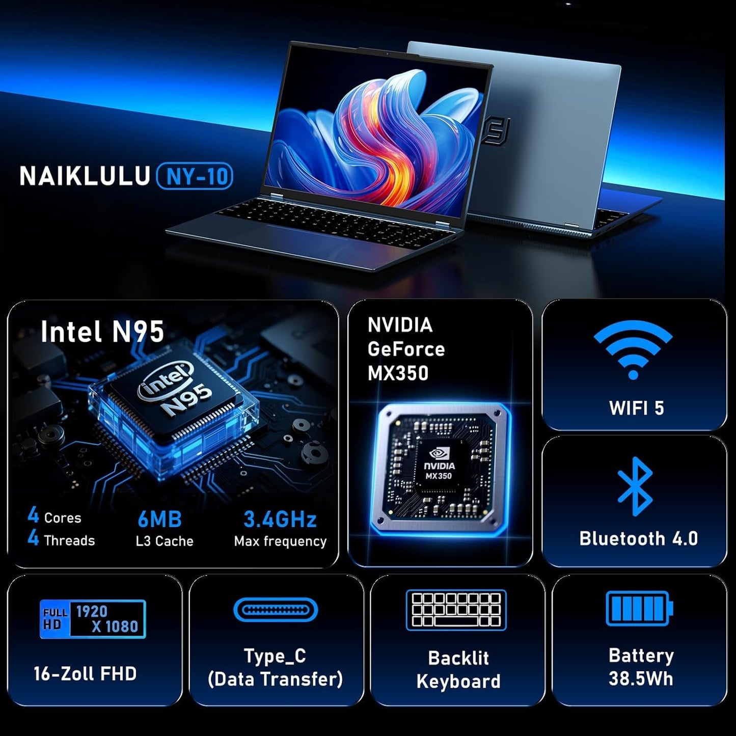 Gaming Laptop,MX350 Graphics Laptop,16 Inch Laptop Computer,N95 4C/4T Processor(up to 3.4Ghz),16GB RAM 1TB SSD,16”FHD 1920 * 1200 Display,WiFi 5,BT4.0,Backlit Keyboard