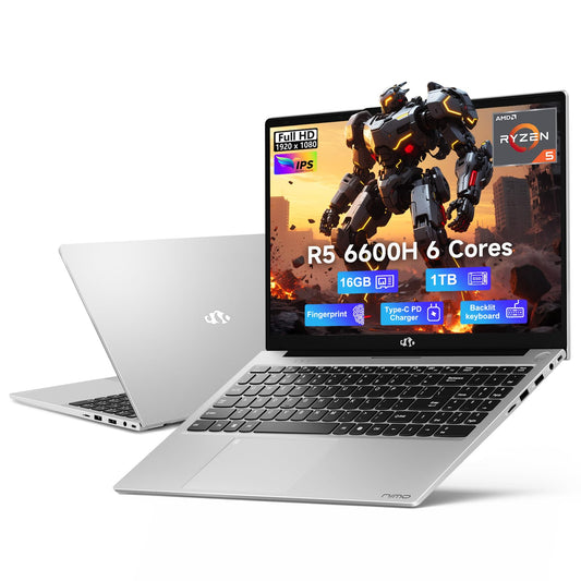 NIMO 15.6" IPS FHD-Gaming-Laptop, AMD Ryzen 5 6600H 6-Cores 660M GPU 32GB DDR5 RAM 1TB SSD(Beat i7-1165G7, Up to 4.5GHz) Computer with 100W GaN Type C Fingerprint Backlit Keyboard Win 11