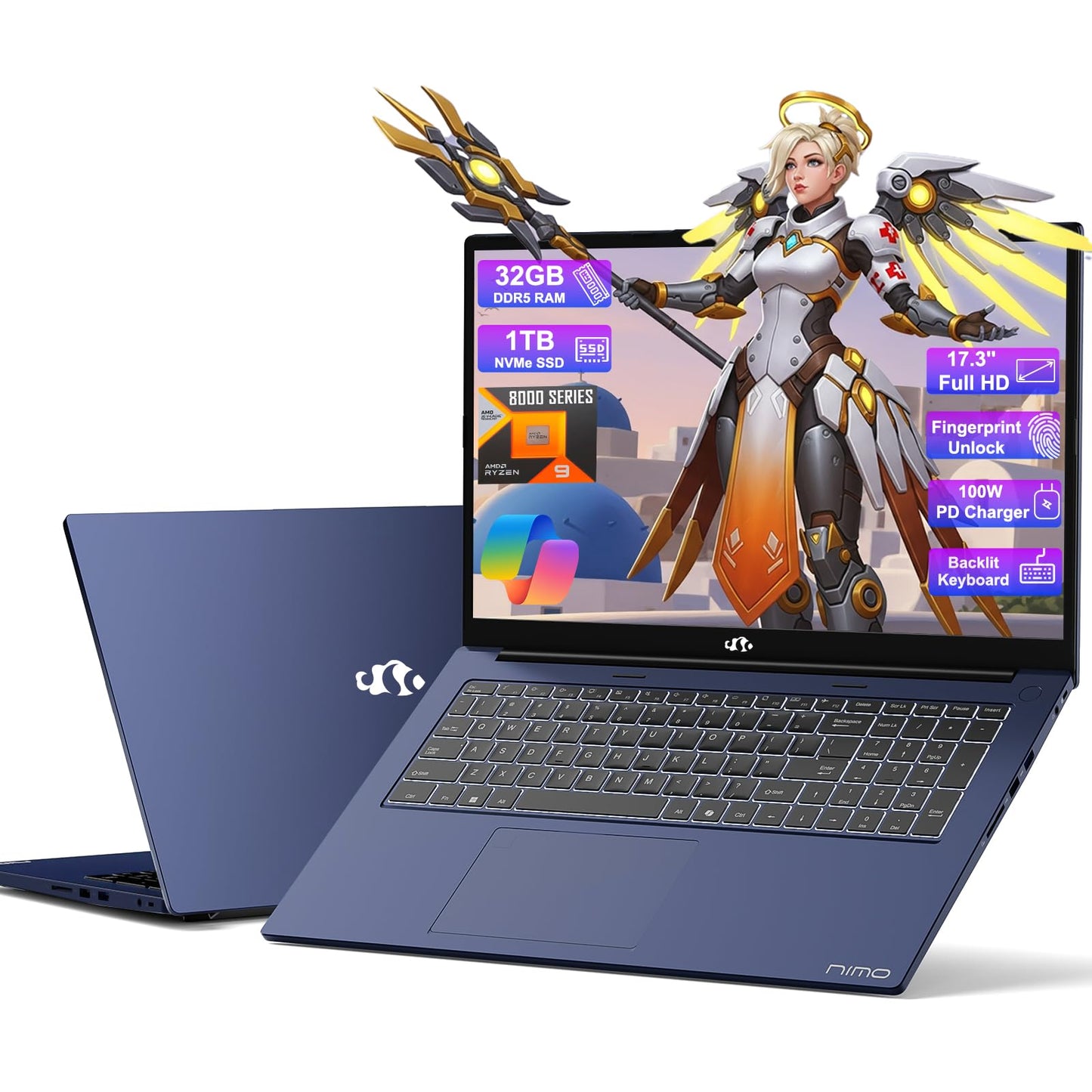 NIMO 17.3 Gaming-Laptop Ryzen 9 8945HS (>i9-13900H) 16GB RAM, 1TB SSD, Radeon 780M, PD 100W USB-C 4.0 AI-Enhanced for Copilot VR Ready, Backlit KB Fingerprint Unlock, Gaming Student Office Business