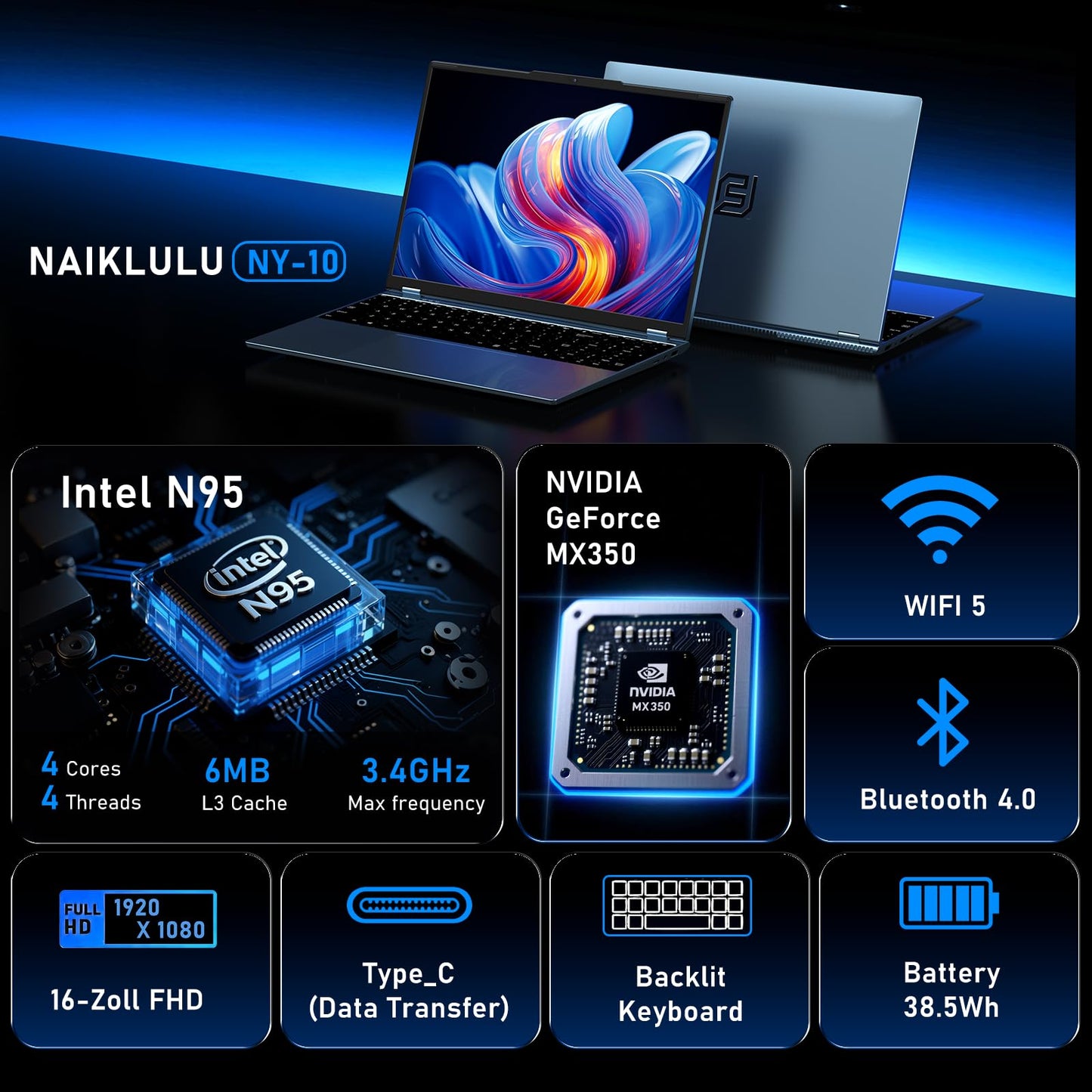 Gaming Laptop,MX350 Graphics Laptop,16 Inch Laptop Computer,N95 4C/4T Processor(up to 3.4Ghz),16GB RAM 1TB SSD,16”FHD 1920 * 1200 Display,WiFi 5,BT4.0,Backlit Keyboard