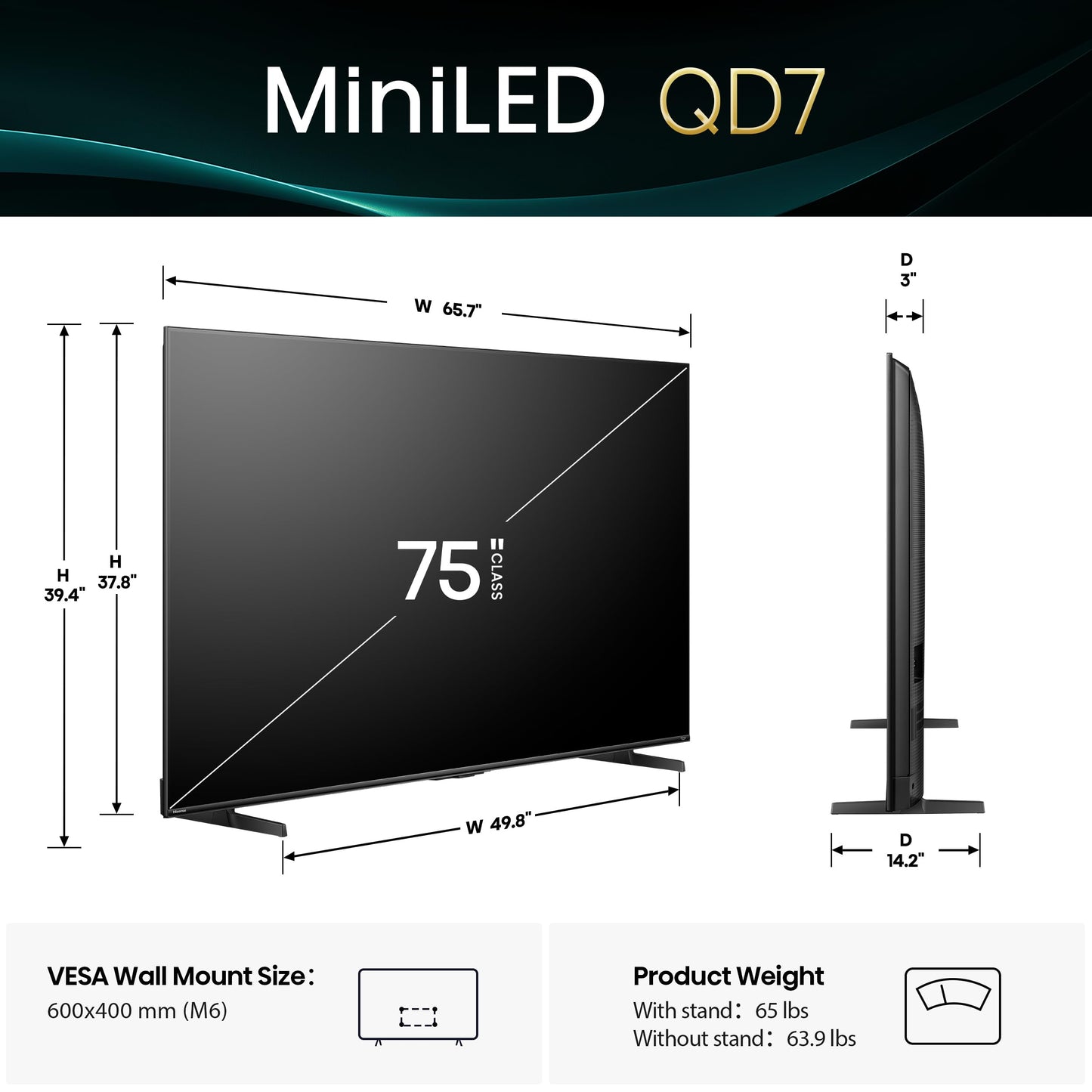 Hisense 75" Class QD7 Series Mini-LED 4K UHD Smart Fire TV (75QD7QF, 2025 Model) - QLED, Native 144hz, HDR10+, Dolby Vision, Dolby Atmos, Game Mode Pro, ALLM, Alexa Built in with Voice Remote, Black