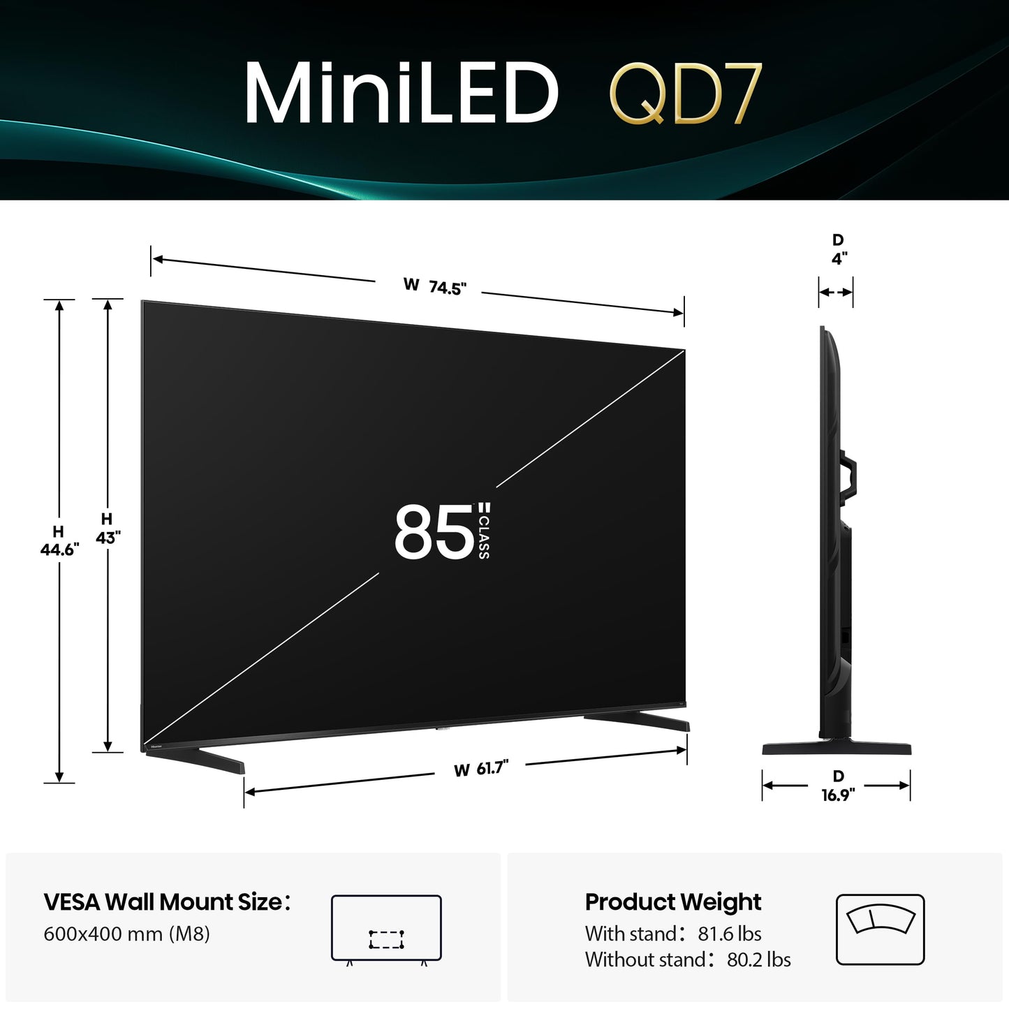 Hisense 75" Class QD7 Series Mini-LED 4K UHD Smart Fire TV (75QD7QF, 2025 Model) - QLED, Native 144hz, HDR10+, Dolby Vision, Dolby Atmos, Game Mode Pro, ALLM, Alexa Built in with Voice Remote, Black