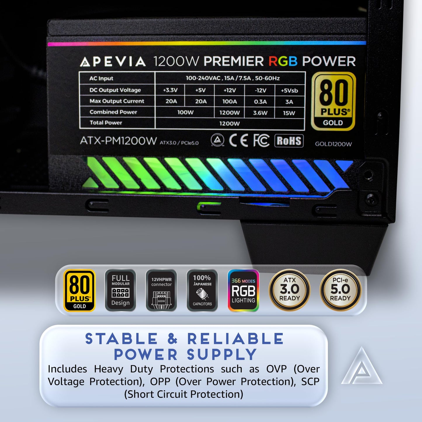 Apevia ATX-PM850W PCIe 5.0 ATX 3.0 Ready Premier 850W 80+ Gold Certified