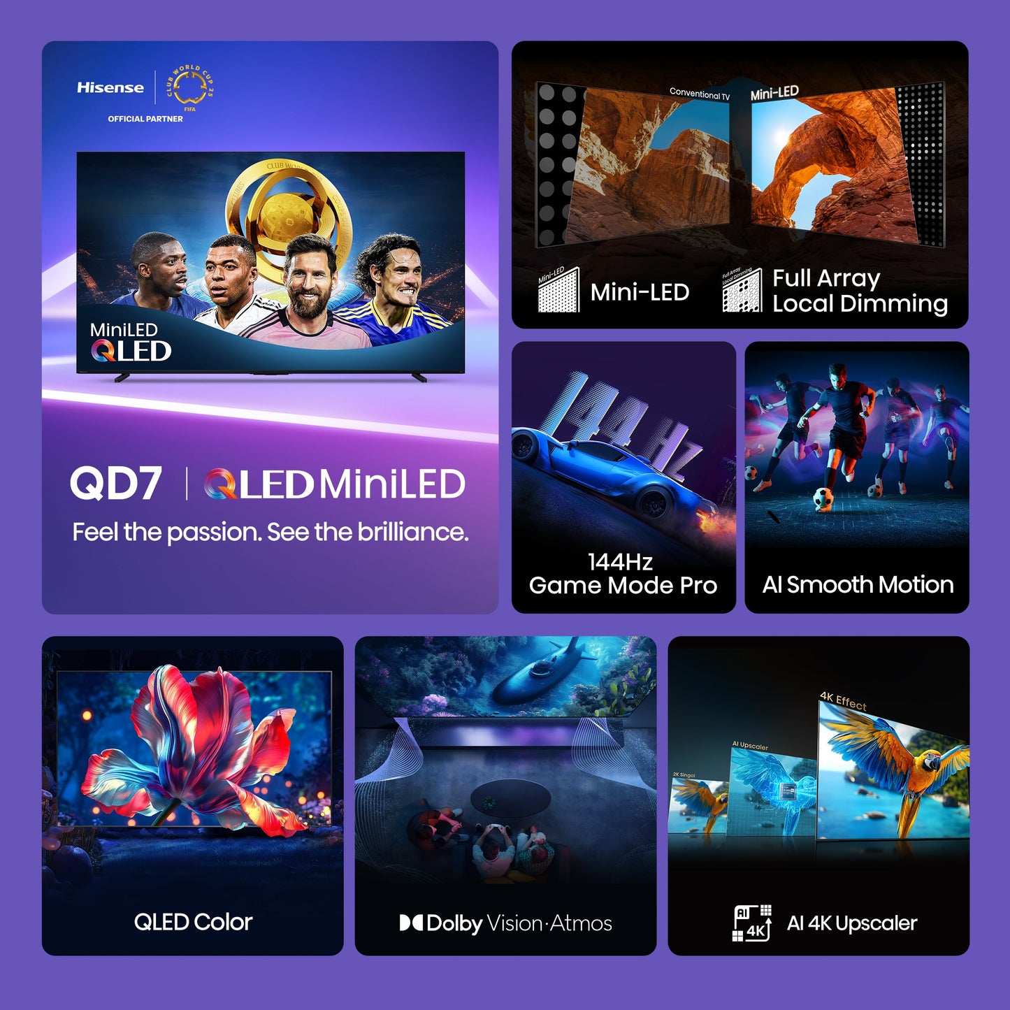 Hisense 75" Class QD7 Series Mini-LED 4K UHD Smart Fire TV (75QD7QF, 2025 Model) - QLED, Native 144hz, HDR10+, Dolby Vision, Dolby Atmos, Game Mode Pro, ALLM, Alexa Built in with Voice Remote, Black