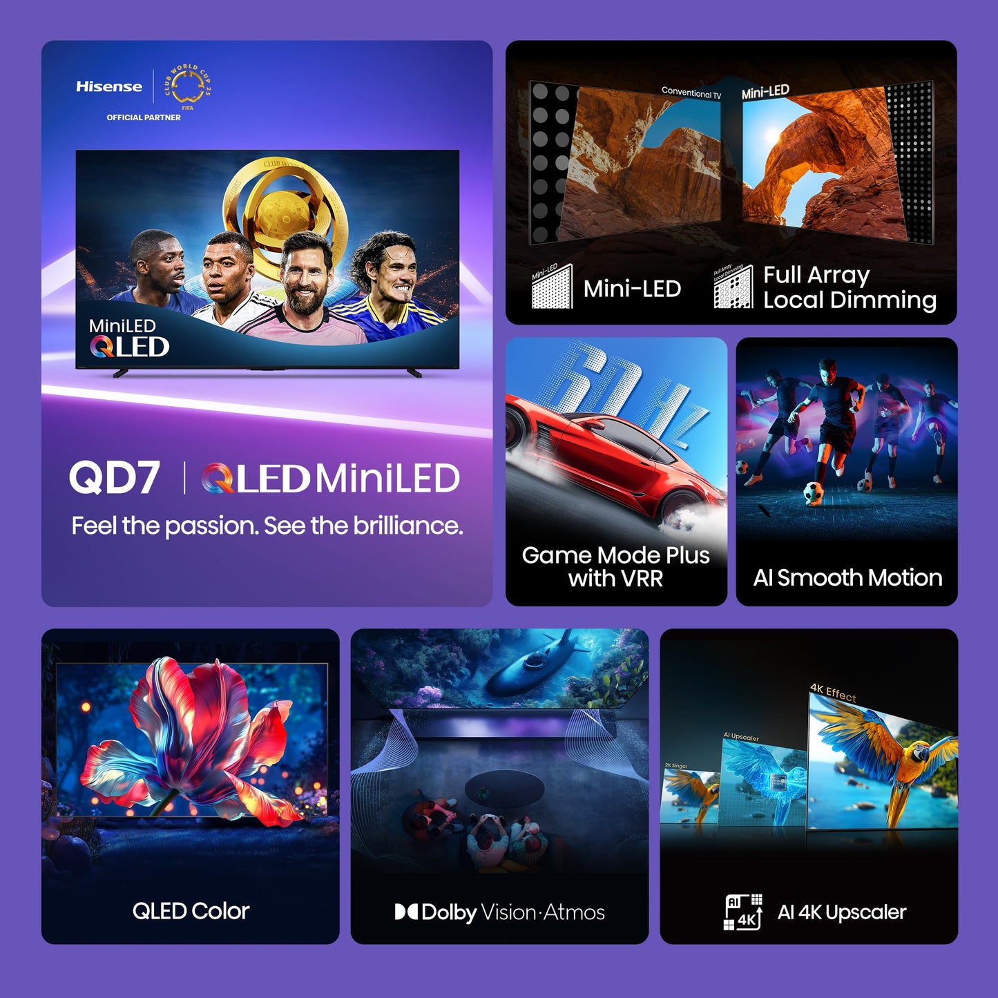 Hisense 75" Class QD7 Series Mini-LED 4K UHD Smart Fire TV (75QD7QF, 2025 Model) - QLED, Native 144hz, HDR10+, Dolby Vision, Dolby Atmos, Game Mode Pro, ALLM, Alexa Built in with Voice Remote, Black