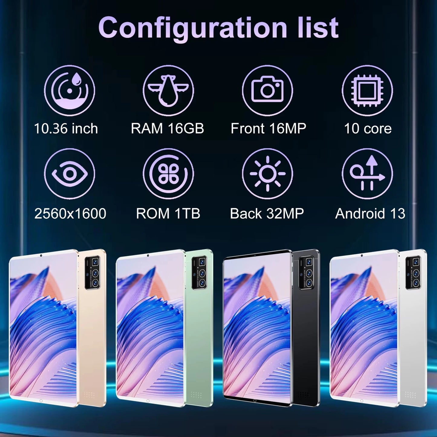 2025 5G New 10.36Inch Tablet Android 16GB RAM 1TB ROM Android 13.0 12000mAh Battery 16MP 32MP 10 Core Dual Sim Network Bluetooth