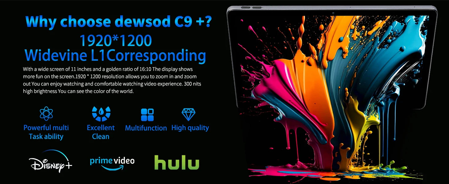 C9+ 11 Inch Tablet HD Display Android14 Octa-Core Processor 12GB RAM+128GB ROM(1TB TF) 5MP+13MP Split-Screen 6800mAh Battery PAD
