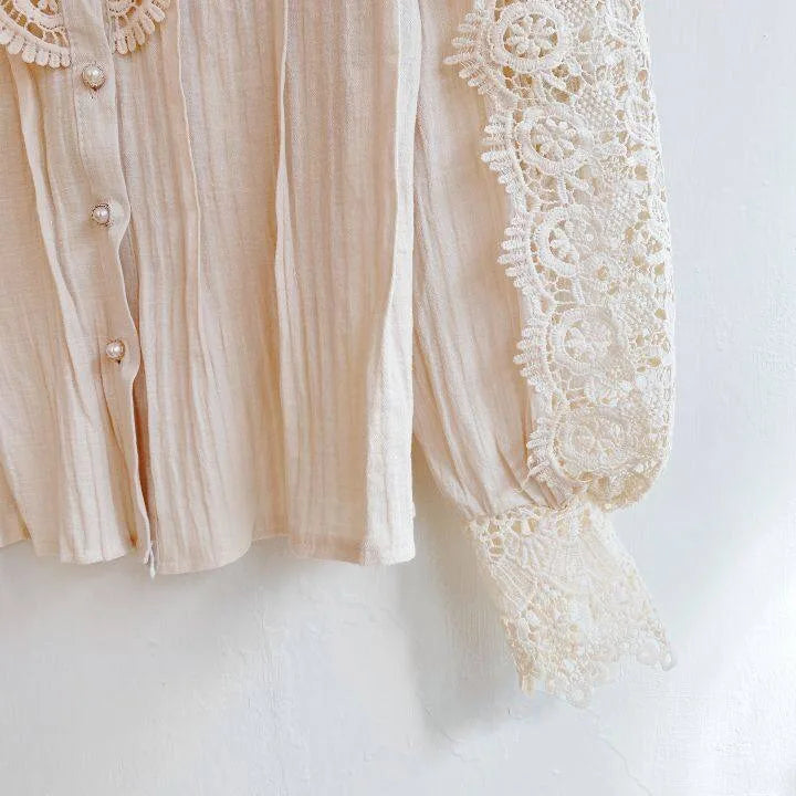 Women Chiffon Button Turtleneck Shirt Chic Elegant Floral Lace Fluffy Long Sleeve Top Fashion Hollow Oversize White Blouse 2025