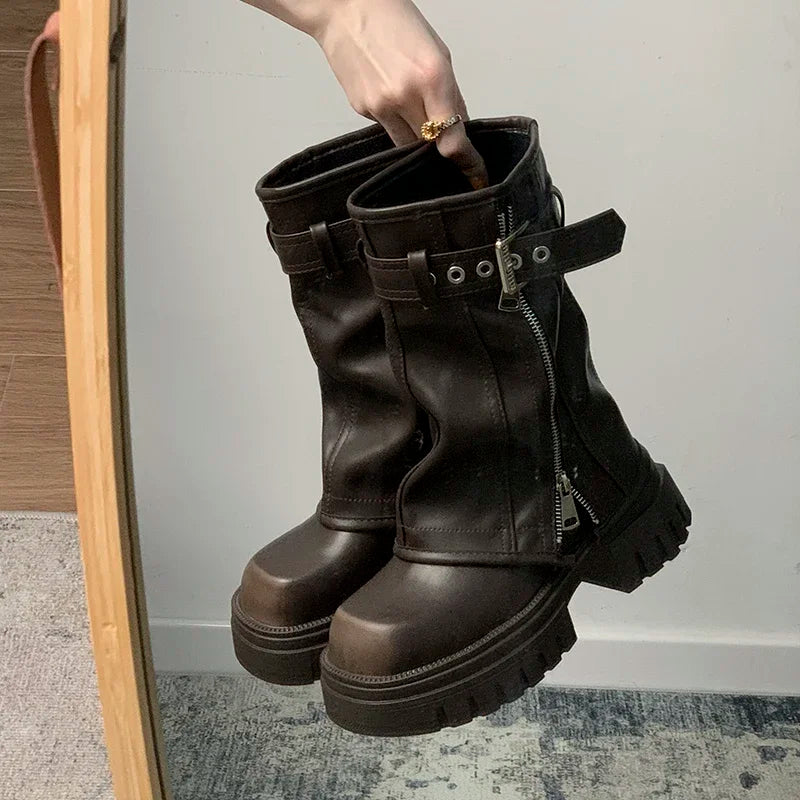 Women's Mid Platform Short Booties Retro Belt Buckle Ladies Biker Boots Casual Tooling Boots Brown