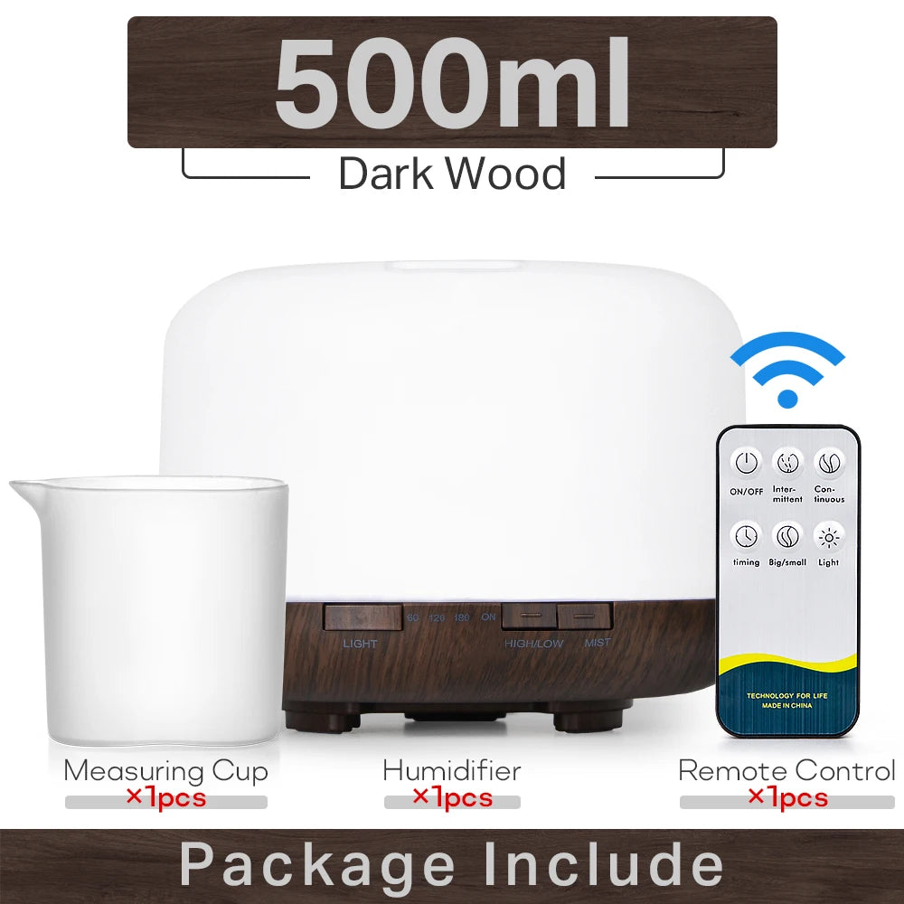 300 500ML Air Humidifier With Remote Control Colorful Non-printed Ultrasound Aroma Diffuser Pure White Dark Light Wood Grain