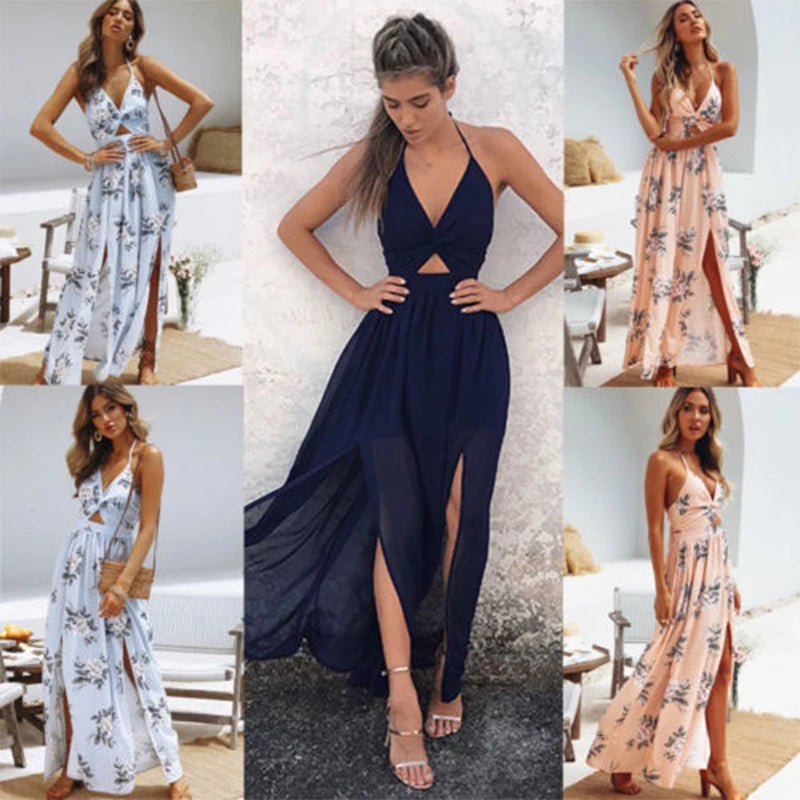 Womens Summer Boho Maxi Long Dress Evening Party Beach Dresses Sundress Floral Halter Dress Summer 2024