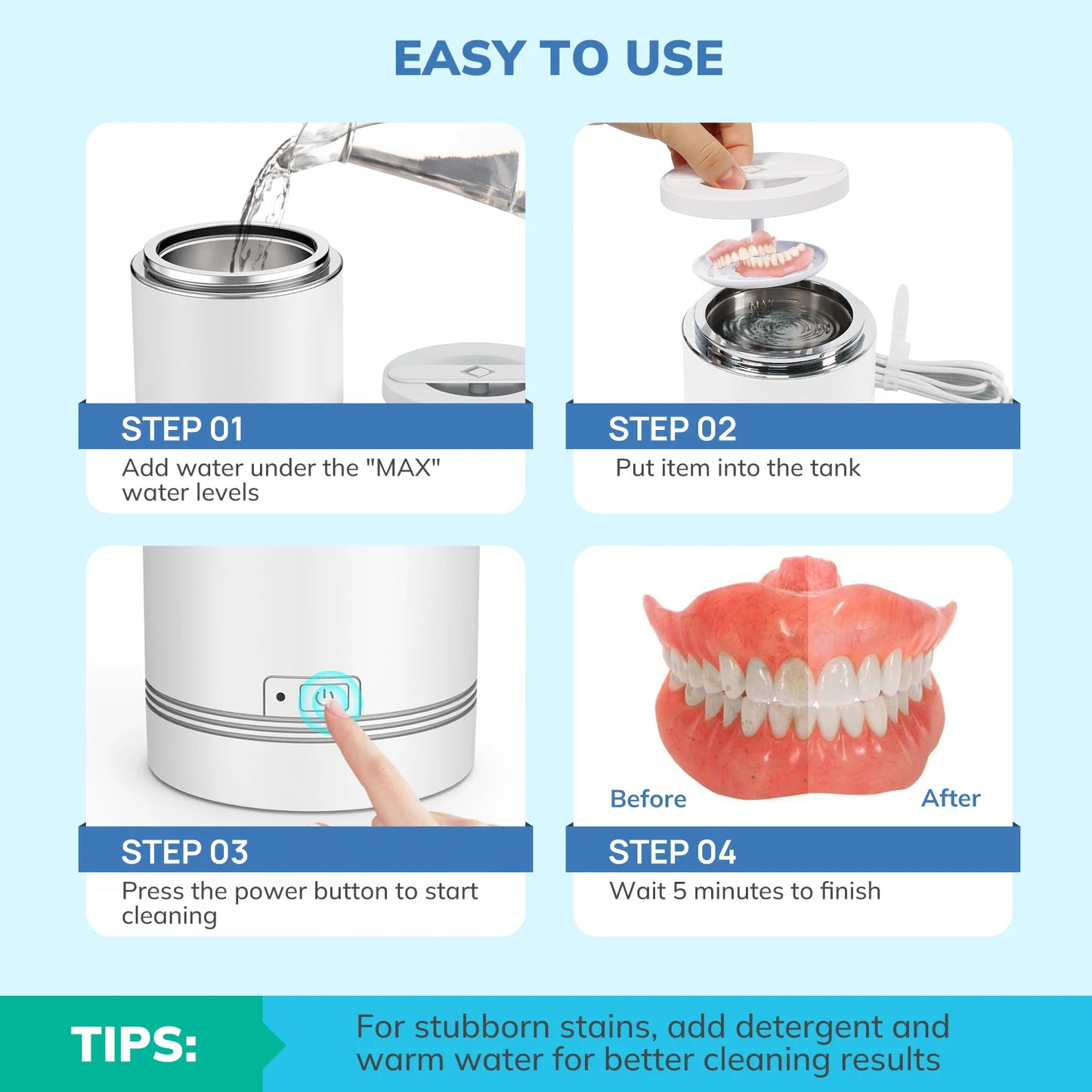 Household Ultrasonic Cleaner - Dental Cleaning Mouth Guard, Aligner, Braces, Toothbrush Heads, Jewelry Cleaner