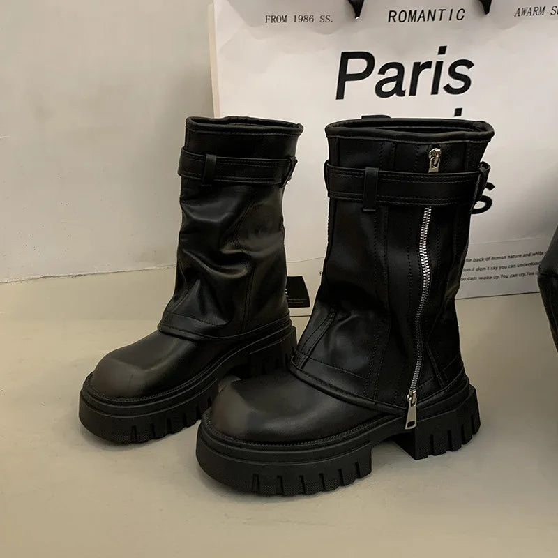 Women's Mid Platform Short Booties Retro Belt Buckle Ladies Biker Boots Casual Tooling Boots Brown