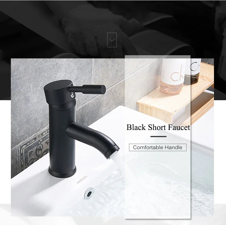 Matte Black Single Handle Cold Hot Water Basin Faucet Bathroom Cabinet Faucet Contracted Basin Faucet Deck Mounted
