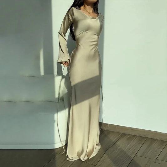 Women White Round Neck Long Sleeve Solid Color Lady Elegant Spring Autumn Lazy Wind Lace up Waist Long Dress