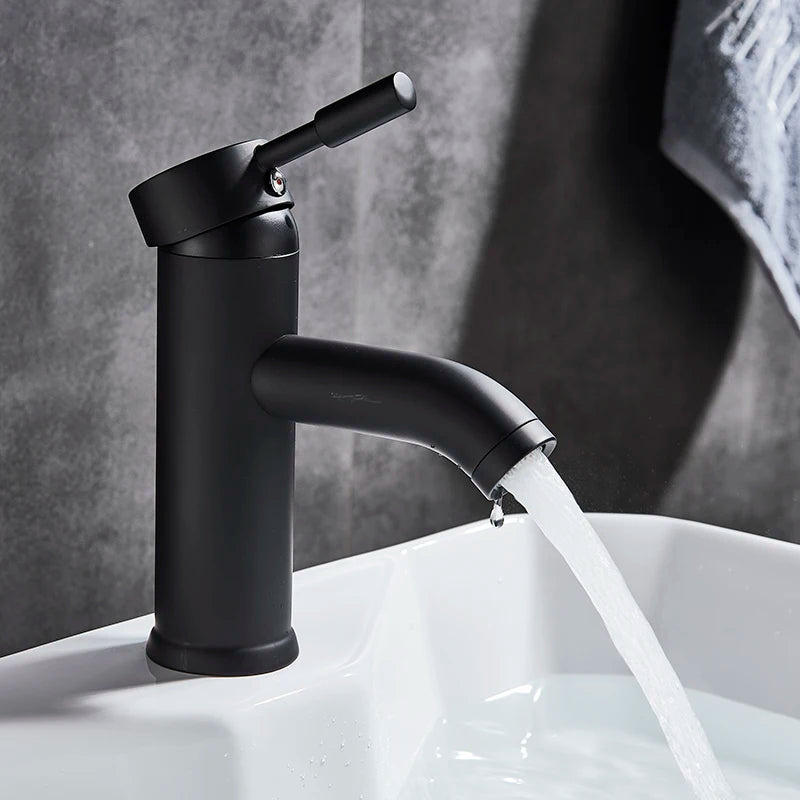 Matte Black Single Handle Cold Hot Water Basin Faucet Bathroom Cabinet Faucet Contracted Basin Faucet Deck Mounted