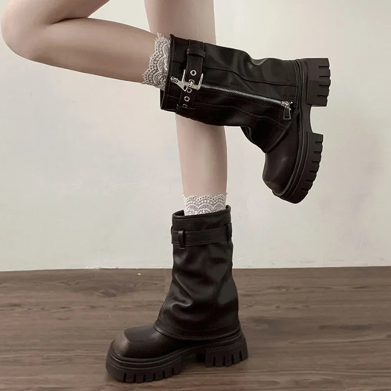 Women's Mid Platform Short Booties Retro Belt Buckle Ladies Biker Boots Casual Tooling Boots Brown