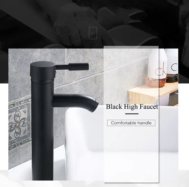 Matte Black Single Handle Cold Hot Water Basin Faucet Bathroom Cabinet Faucet Contracted Basin Faucet Deck Mounted