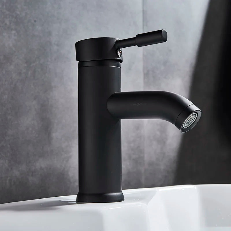 Matte Black Single Handle Cold Hot Water Basin Faucet Bathroom Cabinet Faucet Contracted Basin Faucet Deck Mounted
