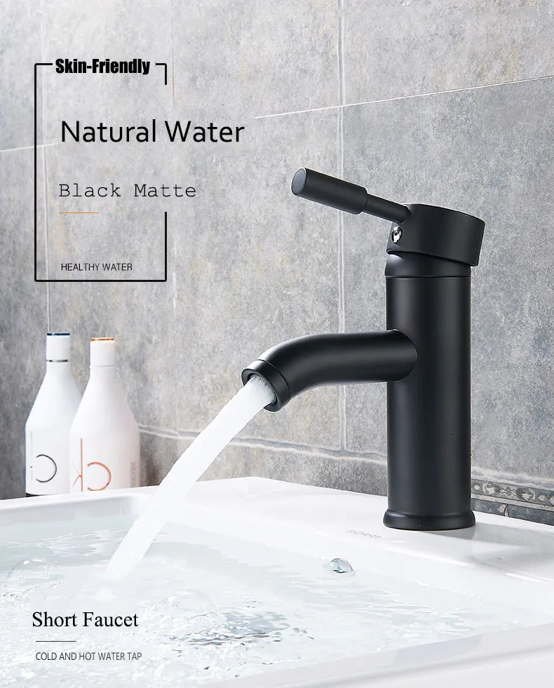 Matte Black Single Handle Cold Hot Water Basin Faucet Bathroom Cabinet Faucet Contracted Basin Faucet Deck Mounted