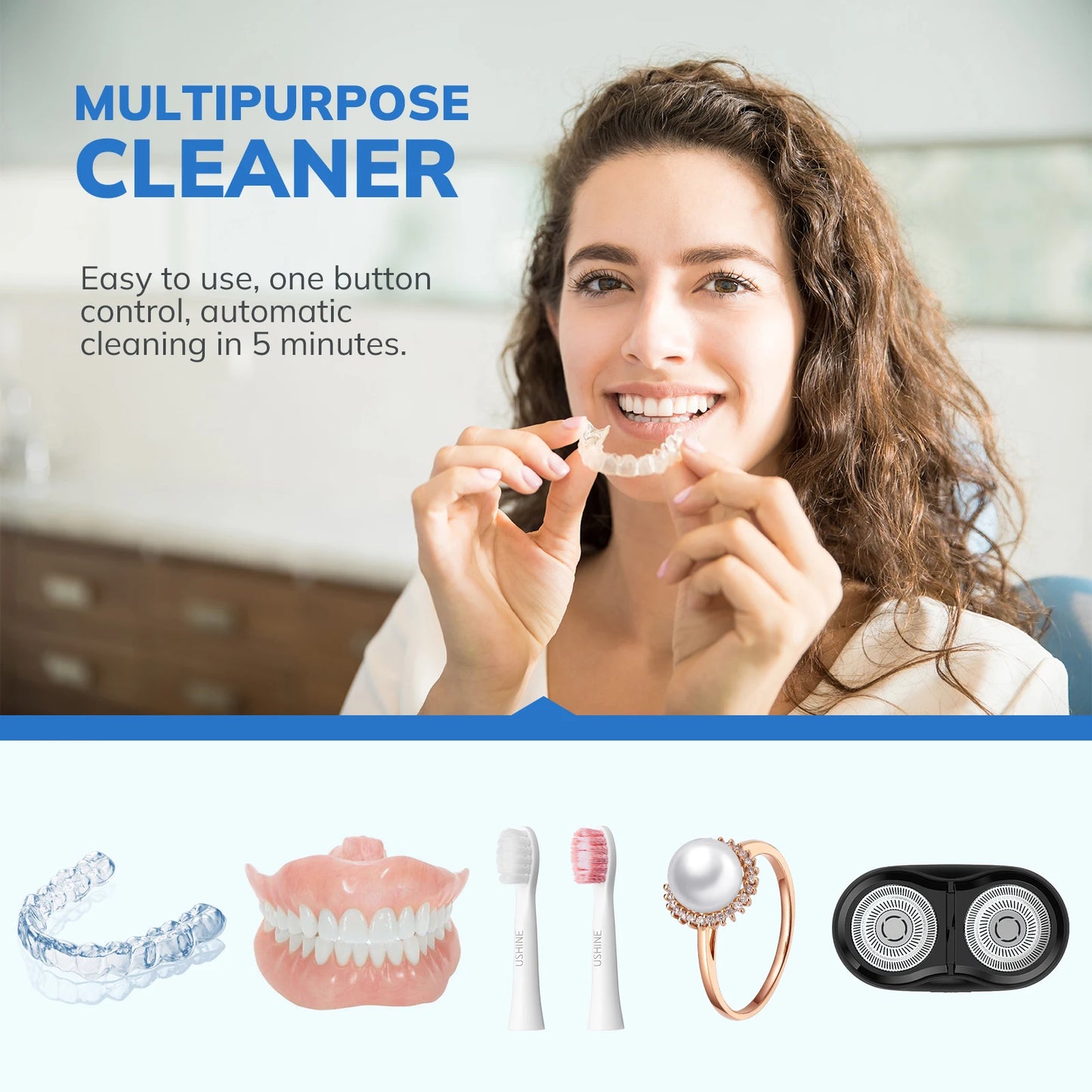 Household Ultrasonic Cleaner - Dental Cleaning Mouth Guard, Aligner, Braces, Toothbrush Heads, Jewelry Cleaner