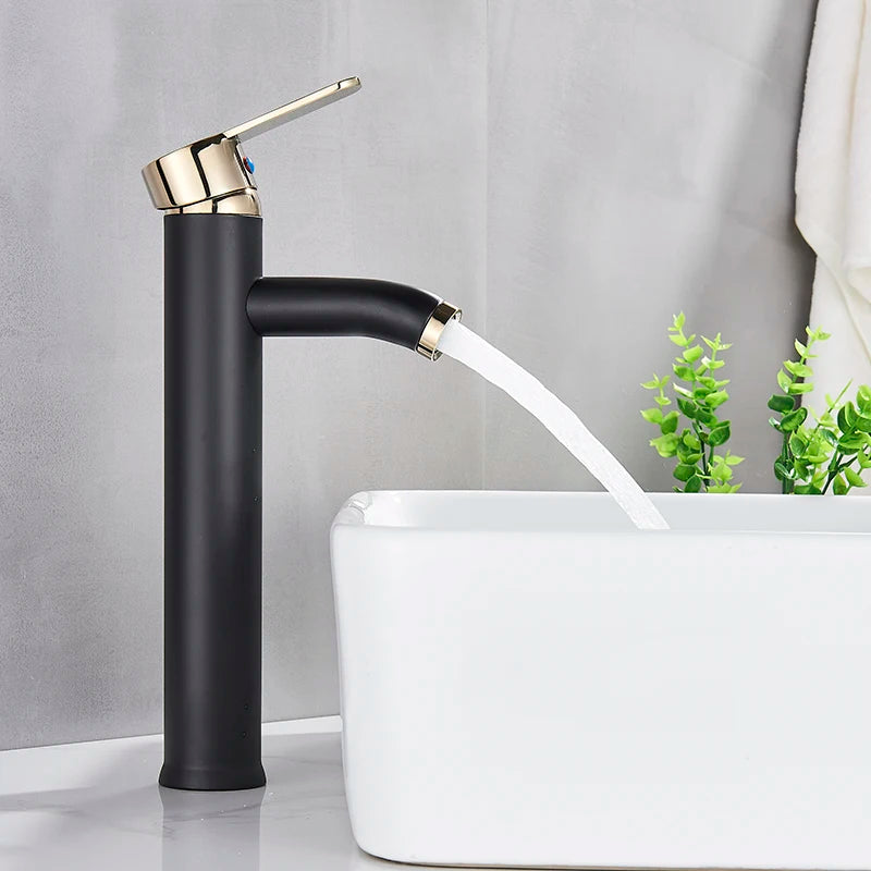 Matte Black Single Handle Cold Hot Water Basin Faucet Bathroom Cabinet Faucet Contracted Basin Faucet Deck Mounted