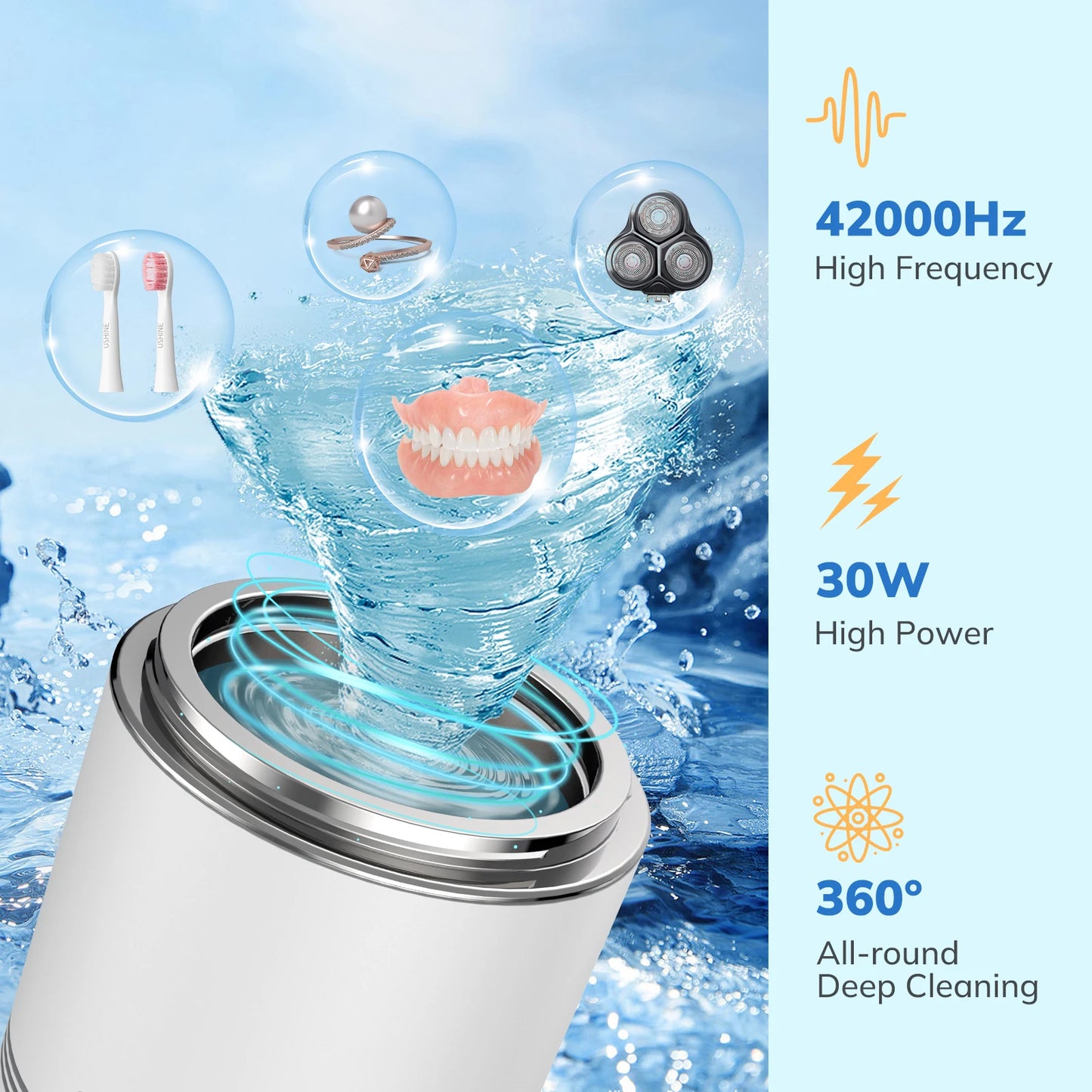 Household Ultrasonic Cleaner - Dental Cleaning Mouth Guard, Aligner, Braces, Toothbrush Heads, Jewelry Cleaner