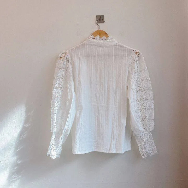 Women Chiffon Button Turtleneck Shirt Chic Elegant Floral Lace Fluffy Long Sleeve Top Fashion Hollow Oversize White Blouse 2025