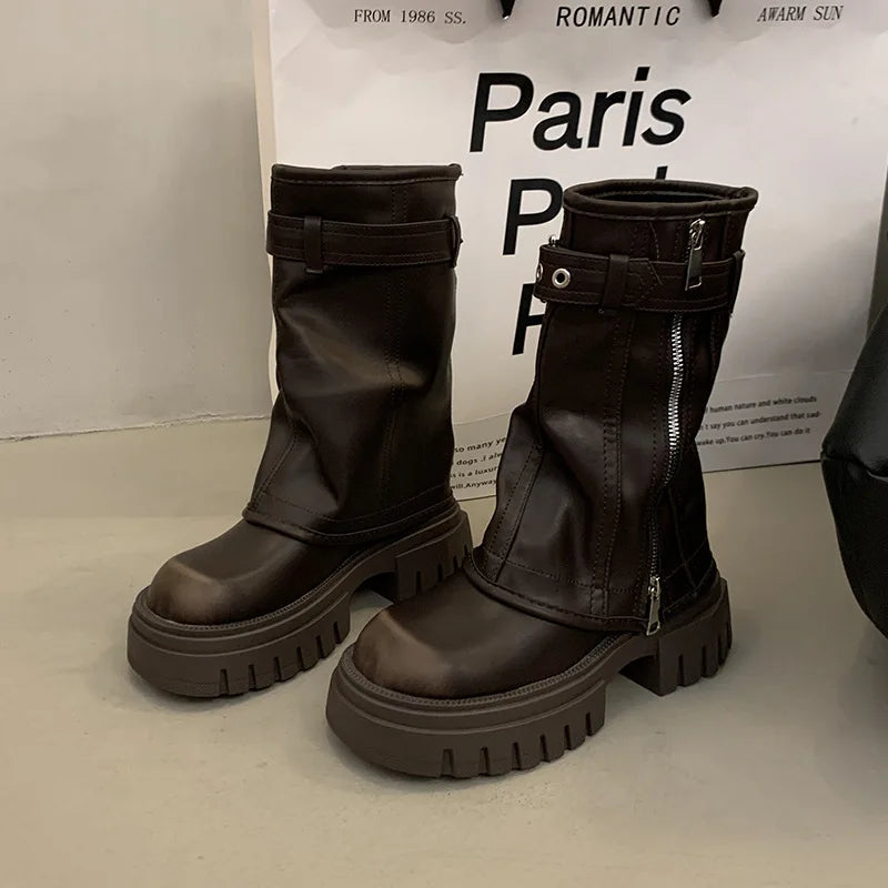 Women's Mid Platform Short Booties Retro Belt Buckle Ladies Biker Boots Casual Tooling Boots Brown
