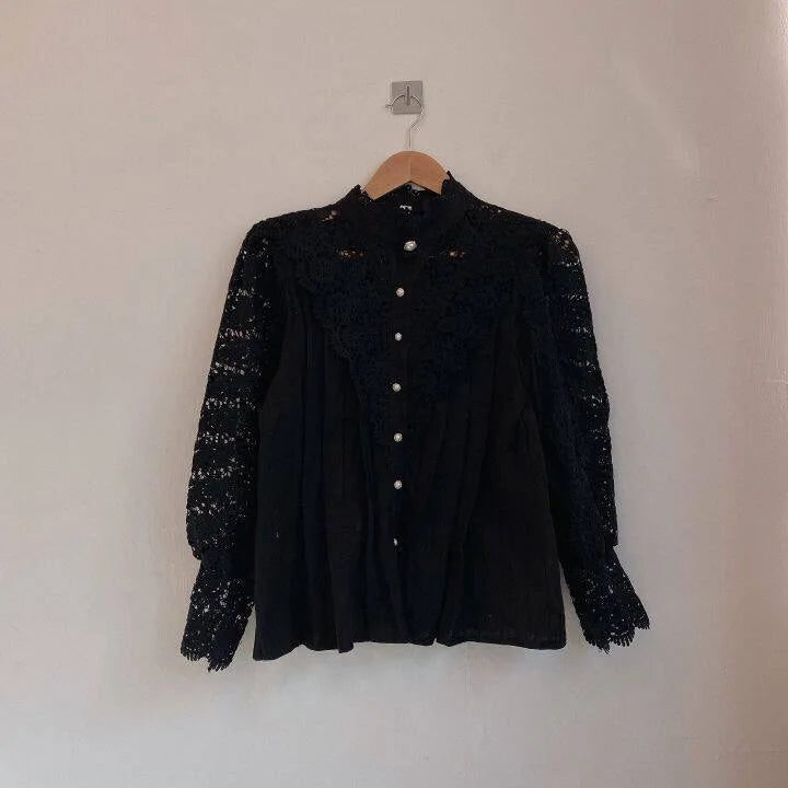 Women Chiffon Button Turtleneck Shirt Chic Elegant Floral Lace Fluffy Long Sleeve Top Fashion Hollow Oversize White Blouse 2025