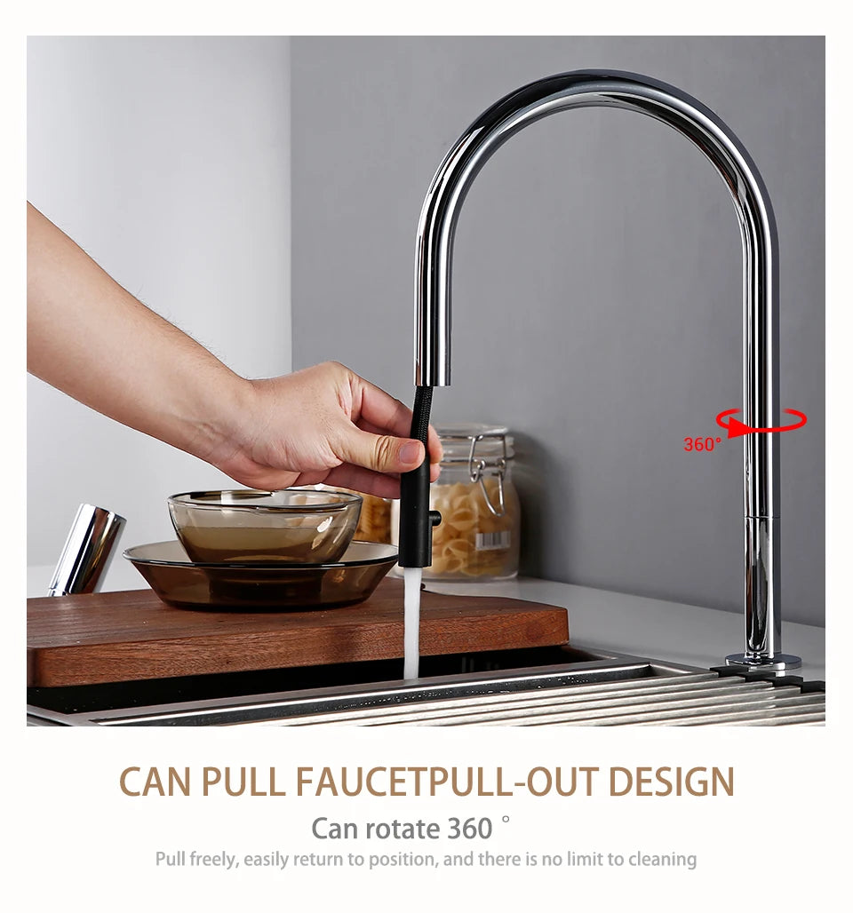 Bathroom Kitchen Basin Faucet Deck Mounted Hot & Cold Water Smesiteli Chrome and Black Single Handle Dual Hole Pull Out