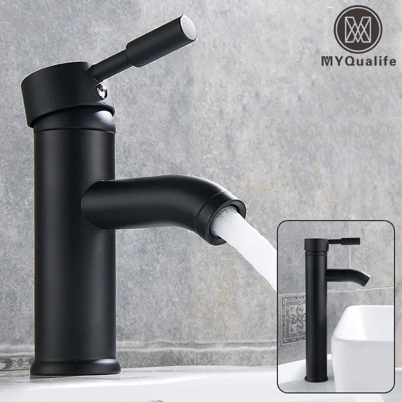 Matte Black Single Handle Cold Hot Water Basin Faucet Bathroom Cabinet Faucet Contracted Basin Faucet Deck Mounted