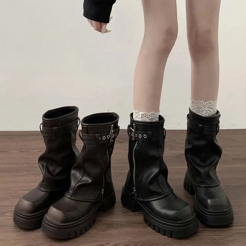 Women's Mid Platform Short Booties Retro Belt Buckle Ladies Biker Boots Casual Tooling Boots Brown
