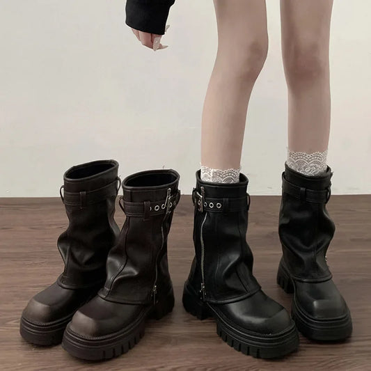 Women's Mid Platform Short Booties Retro Belt Buckle Ladies Biker Boots Casual Tooling Boots Brown