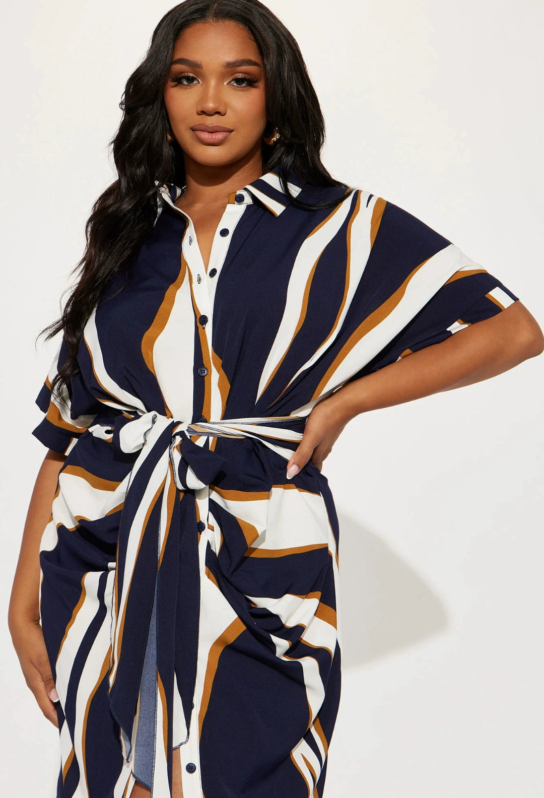 European and American Single Spring and Summer New Fashion Print Single-Breasted Waist Hugging Belt Large Version Short sleeve Shirts Dress 27786