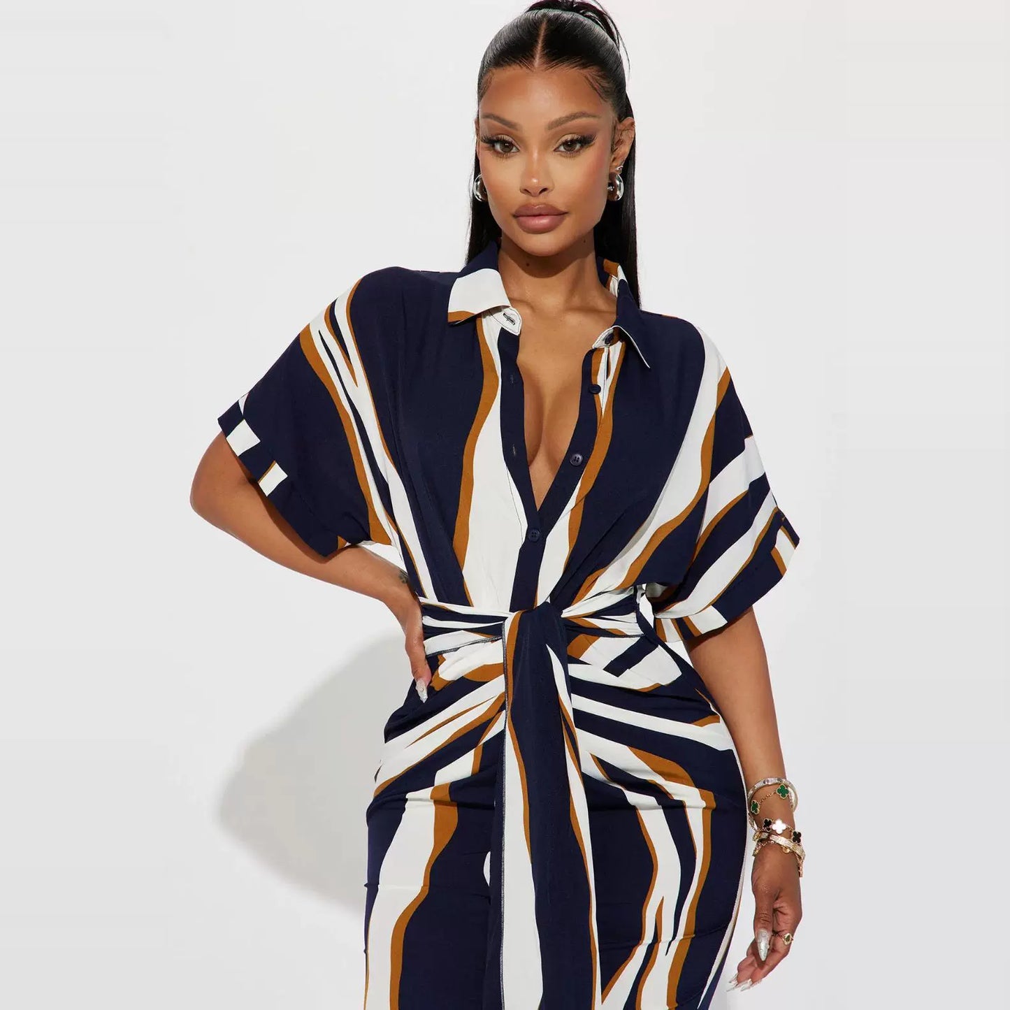 European and American Single Spring and Summer New Fashion Print Single-Breasted Waist Hugging Belt Large Version Short sleeve Shirts Dress 27786