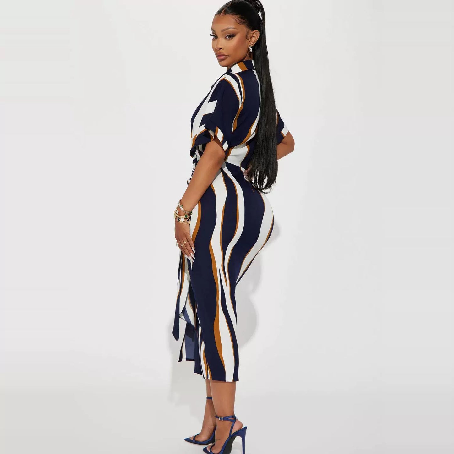 European and American Single Spring and Summer New Fashion Print Single-Breasted Waist Hugging Belt Large Version Short sleeve Shirts Dress 27786