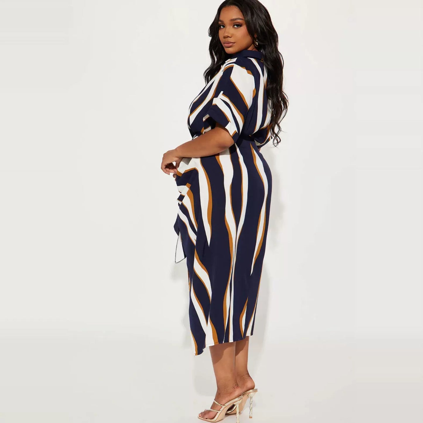 European and American Single Spring and Summer New Fashion Print Single-Breasted Waist Hugging Belt Large Version Short sleeve Shirts Dress 27786