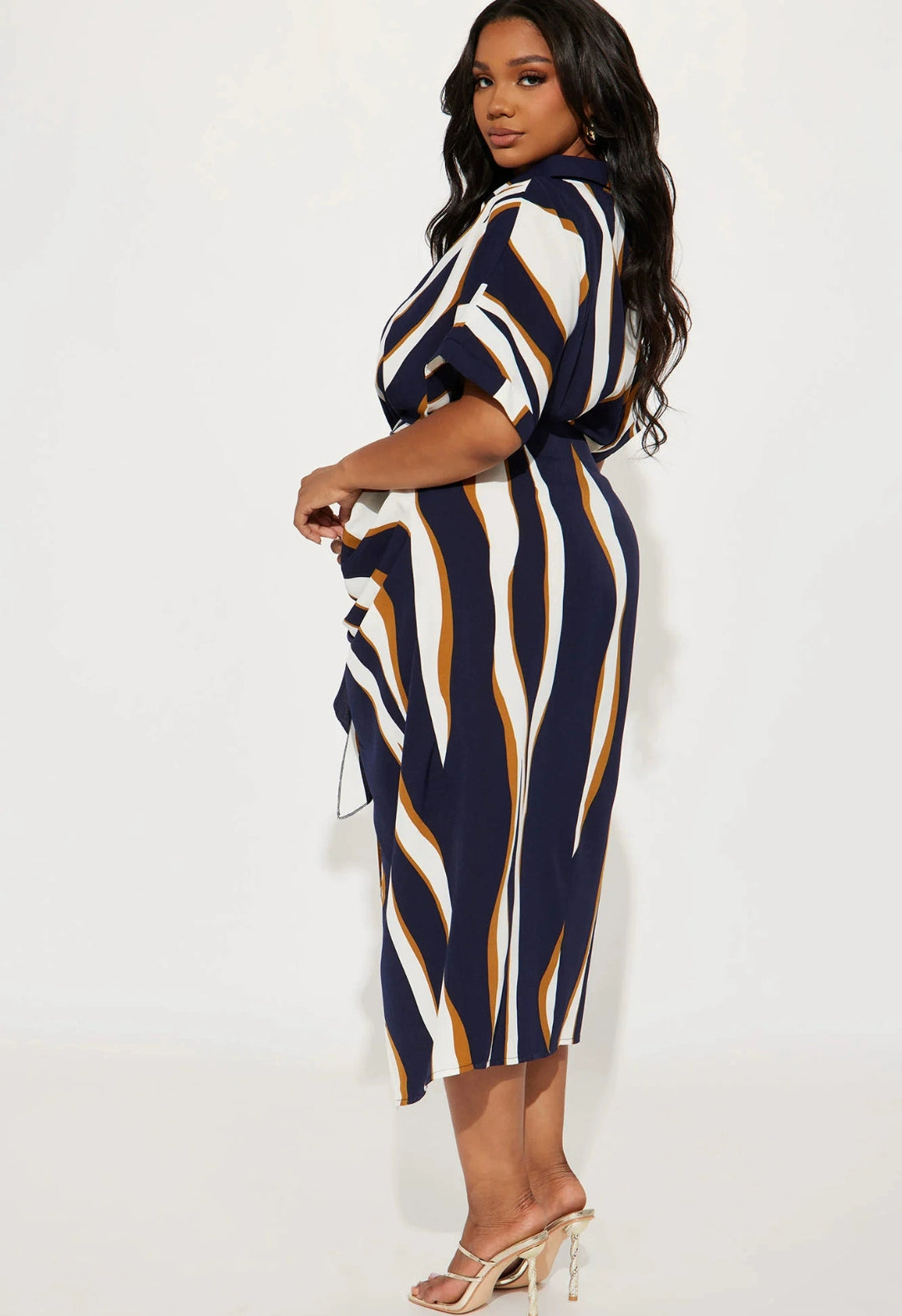 European and American Single Spring and Summer New Fashion Print Single-Breasted Waist Hugging Belt Large Version Short sleeve Shirts Dress 27786