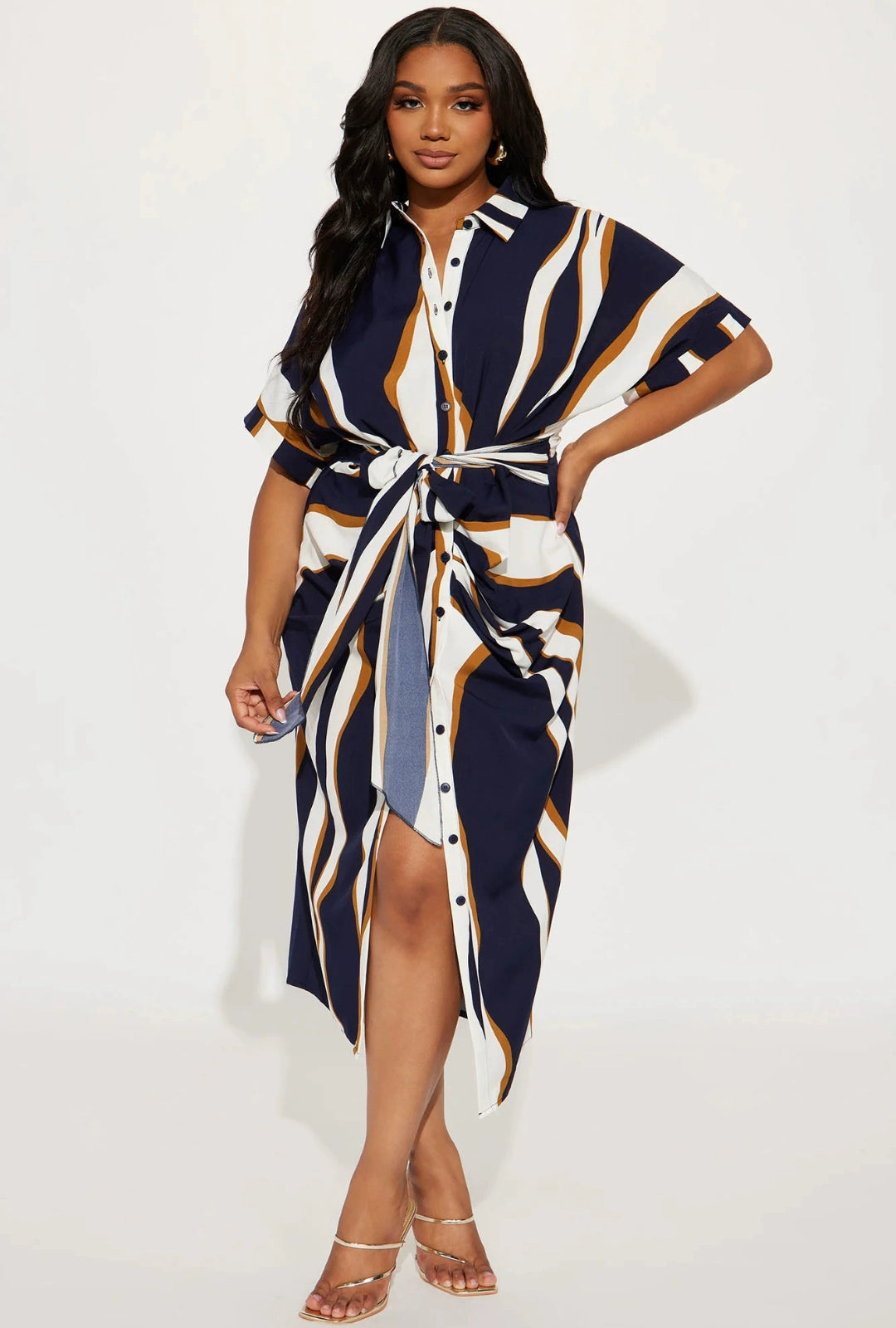 European and American Single Spring and Summer New Fashion Print Single-Breasted Waist Hugging Belt Large Version Short sleeve Shirts Dress 27786
