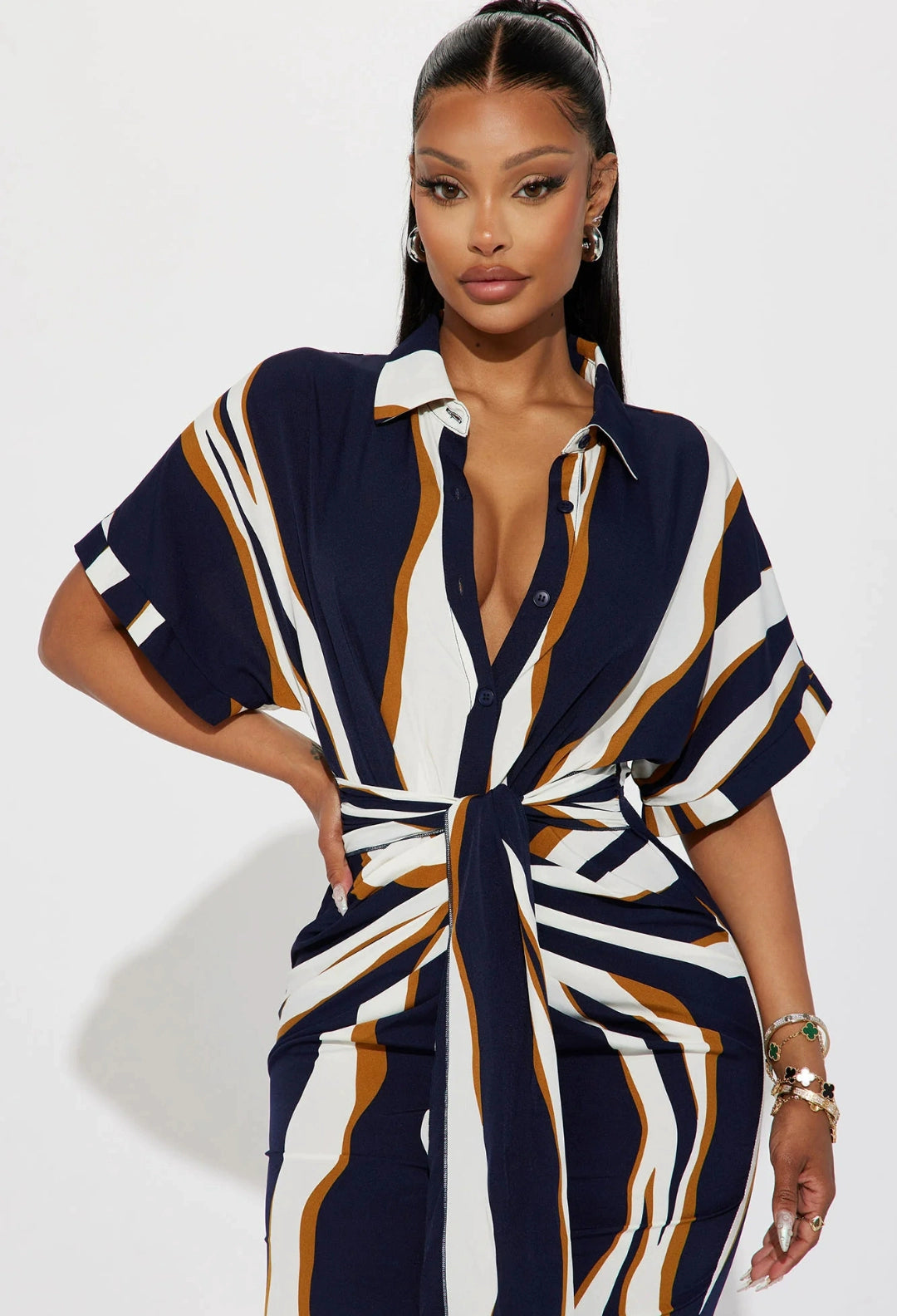 European and American Single Spring and Summer New Fashion Print Single-Breasted Waist Hugging Belt Large Version Short sleeve Shirts Dress 27786