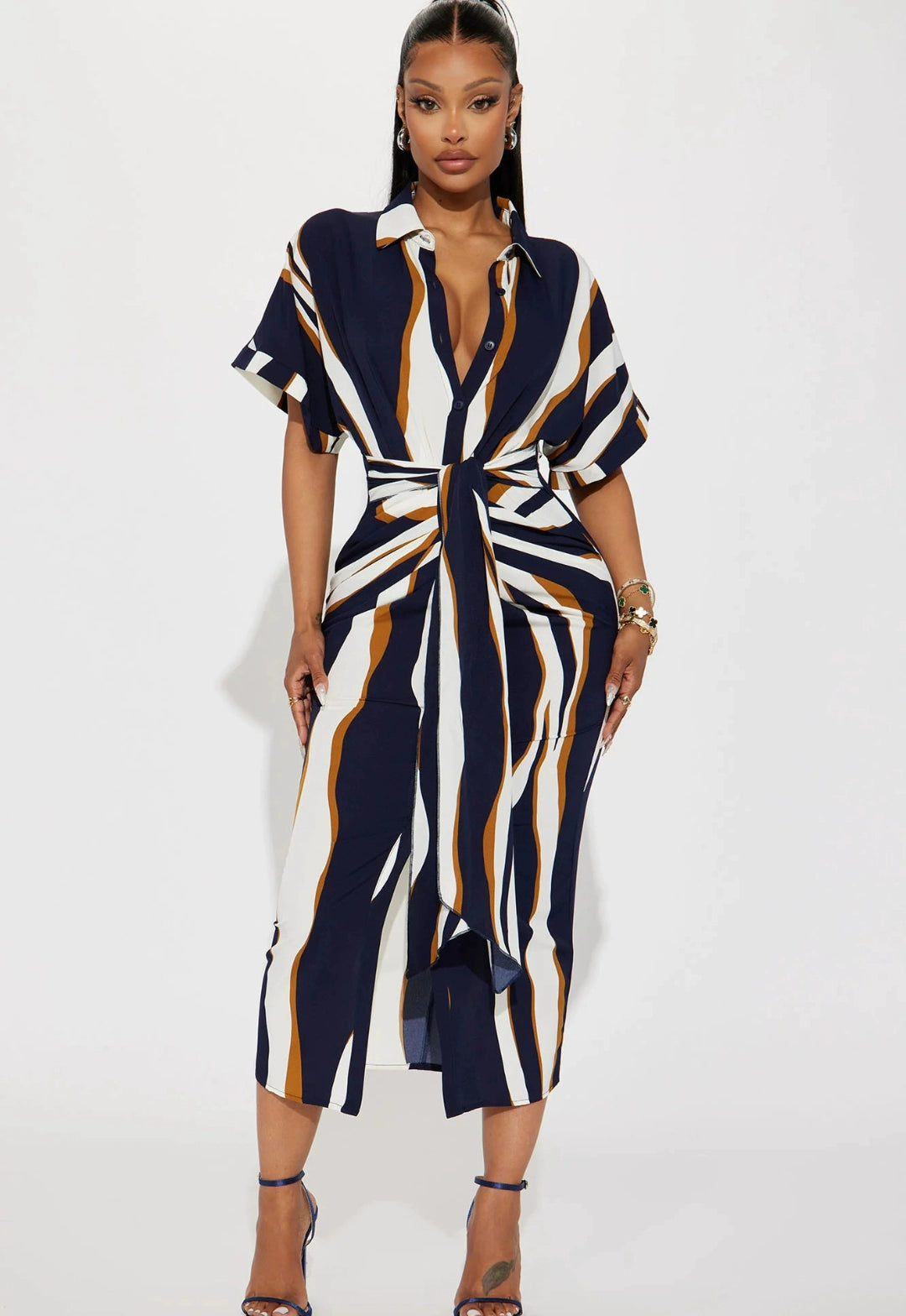European and American Single Spring and Summer New Fashion Print Single-Breasted Waist Hugging Belt Large Version Short sleeve Shirts Dress 27786