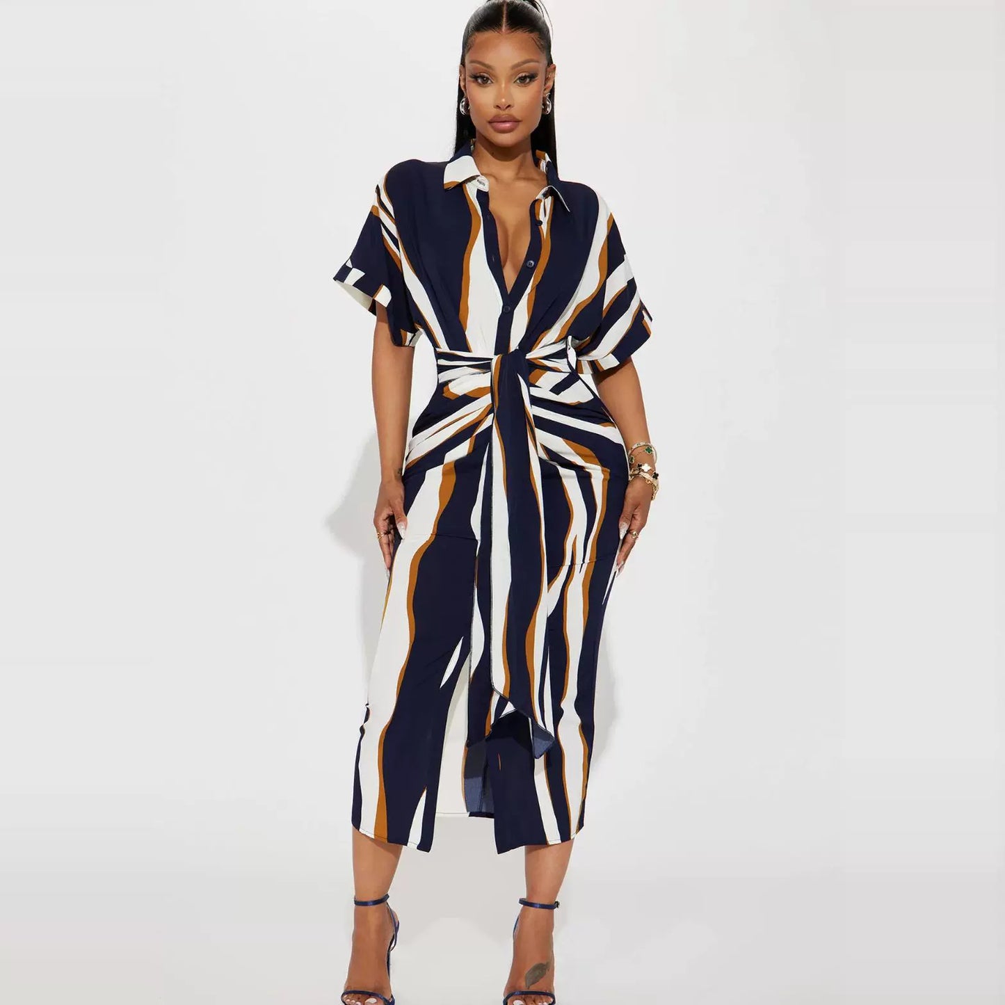 European and American Single Spring and Summer New Fashion Print Single-Breasted Waist Hugging Belt Large Version Short sleeve Shirts Dress 27786