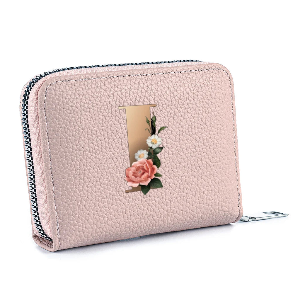 Fashionable Multi Functional 26-Letter Printed Pink Zipper Coin Purse And Credit Card Holder For Women