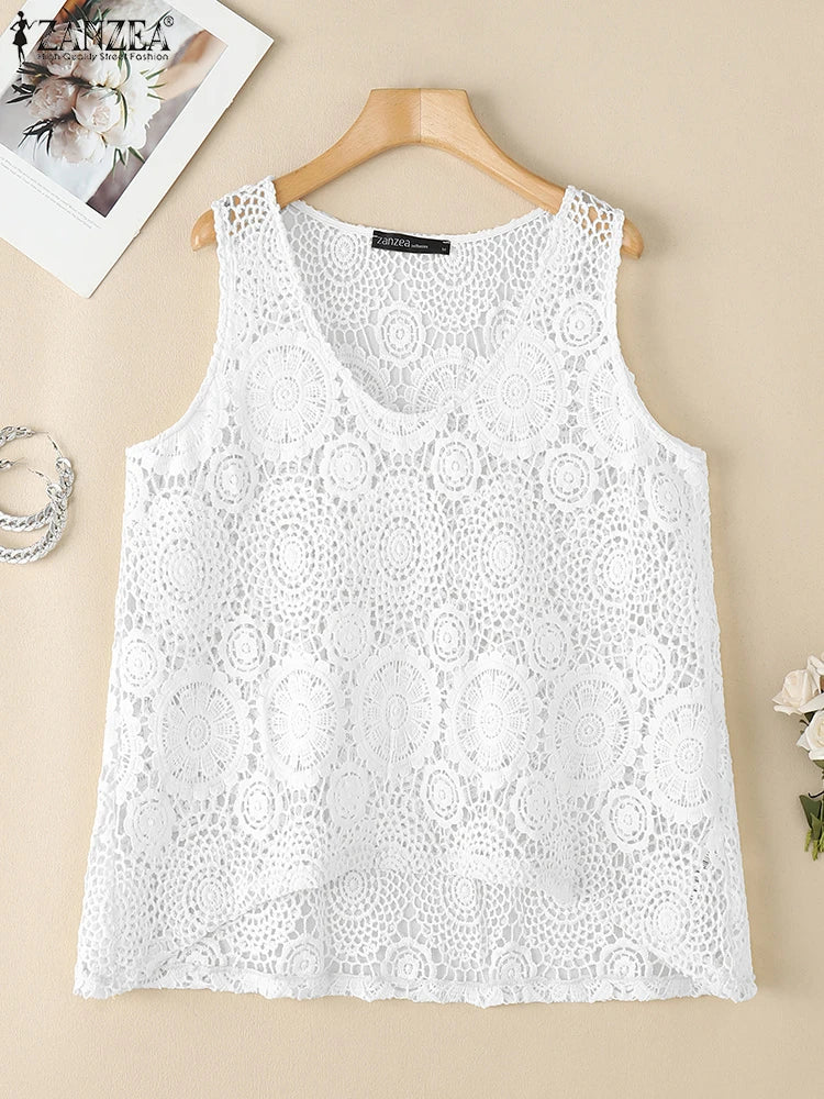 2025 Women Sleeveless Tanks Tops ZANZEA Summer Bohemain Lace Crochet Blouse Casual Loose Camis Fashion Holiday Beach Shirt Mujer
