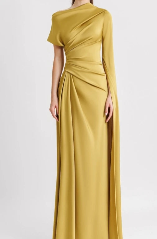 Solid color slanted collar with shoulder sleeves, pleated waist for slimming, ladies' banquet solid color formal dress skirt